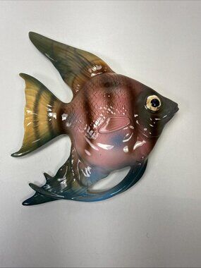 Vintage Ceramic Lefton Striped Angel Fish Wall Plaque Pinks Blues Yellow F1